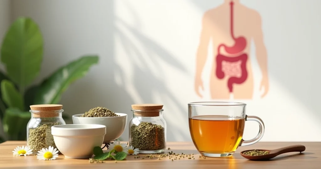 Mesa com plantas medicinais secas, xícara de chá e ilustração de intestino saudável ao fundo