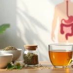 Mesa com plantas medicinais secas, xícara de chá e ilustração de intestino saudável ao fundo