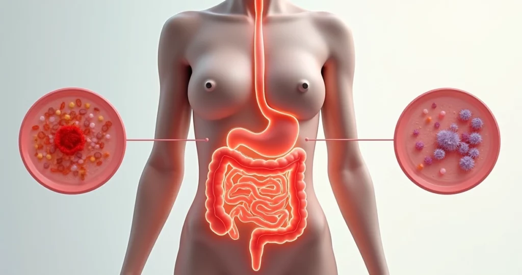Ilustração realista do intestino humano com destaque para barreira intestinal saudável e danificada