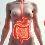 Ilustração realista do intestino humano com destaque para barreira intestinal saudável e danificada