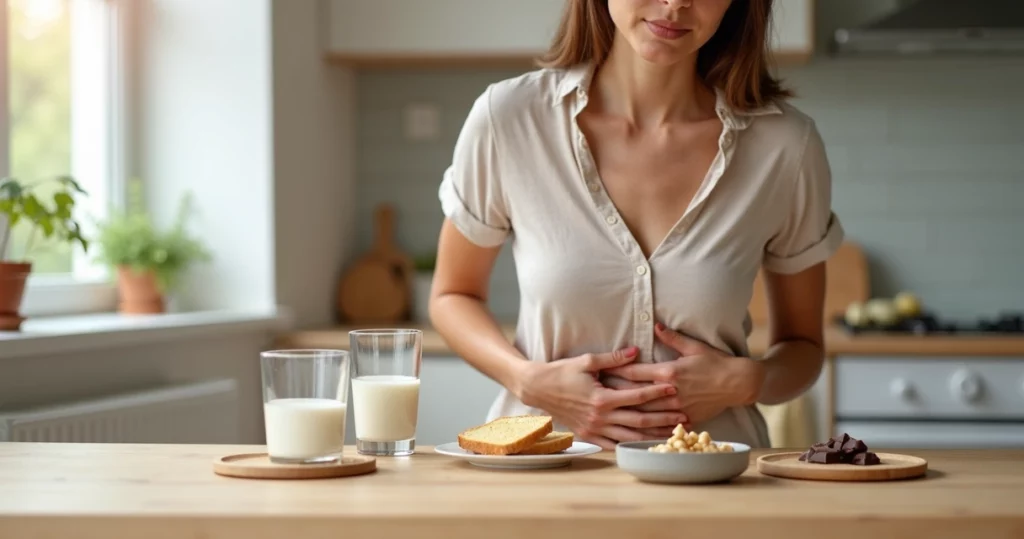 Mulher tocando o abdômen sentada à mesa com alimentos comuns de intolerância