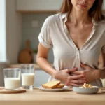 Mulher tocando o abdômen sentada à mesa com alimentos comuns de intolerância