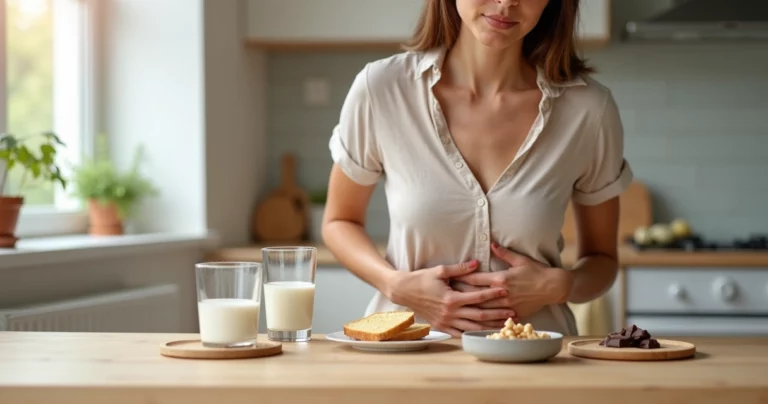 Mulher tocando o abdômen sentada à mesa com alimentos comuns de intolerância