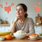 Mulher com intestino sensível escolhendo alimentos saudáveis com dúvida