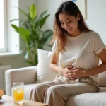 Mulher jovem sentada no sofá com as mãos sobre o abdômen mostrando alívio do inchaço