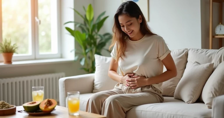 Mulher jovem sentada no sofá com as mãos sobre o abdômen mostrando alívio do inchaço