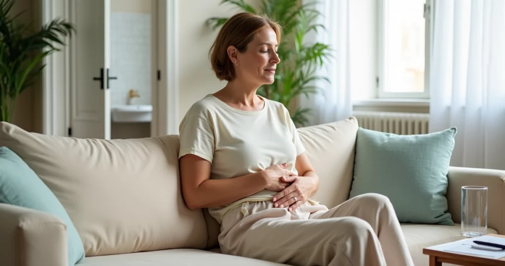 Mulher sentada no sofá com expressão de alívio após desconforto intestinal