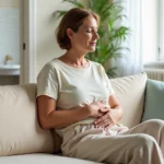 Mulher sentada no sofá com expressão de alívio após desconforto intestinal
