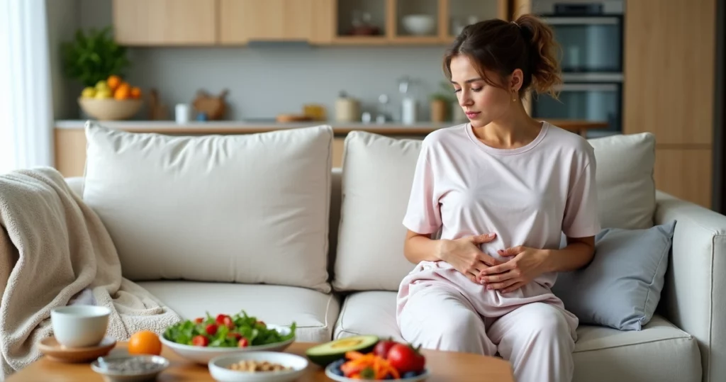 Mulher com cólica menstrual sentada ao sofá ao lado de alimentos saudáveis