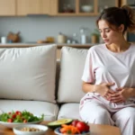 Mulher com cólica menstrual sentada ao sofá ao lado de alimentos saudáveis