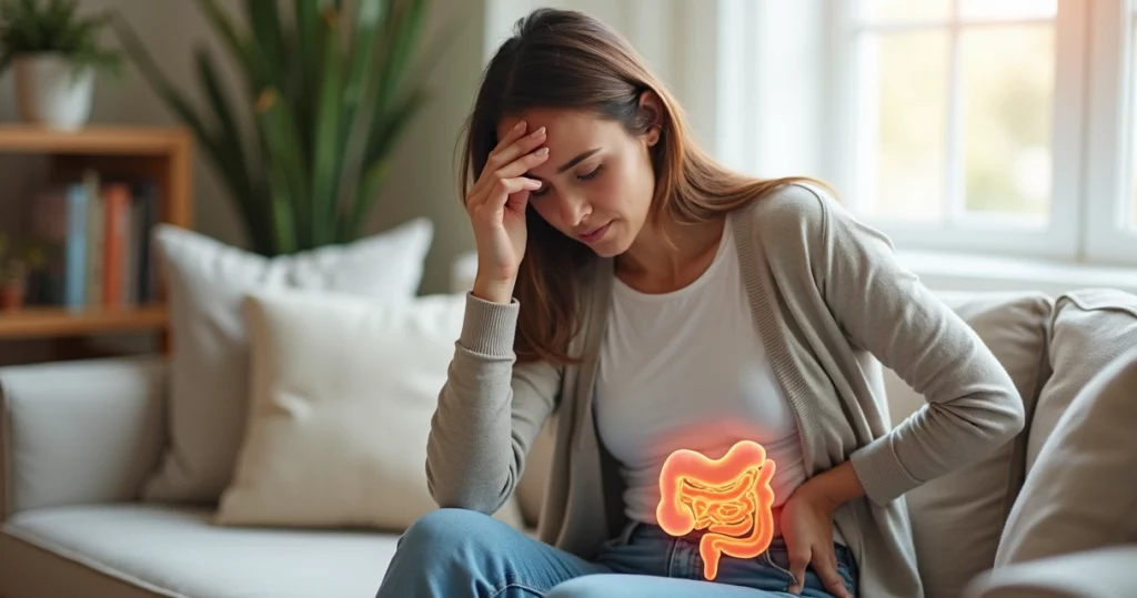 Mulher sentada no sofá com mão na barriga e expressão de estresse