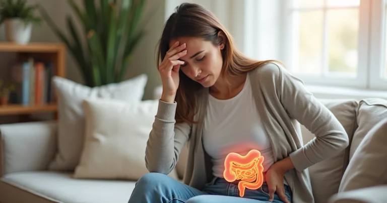 Mulher sentada no sofá com mão na barriga e expressão de estresse