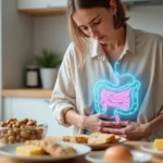 Mulher segurando o abdômen ao lado de mesa com alimentos alergênicos destacados