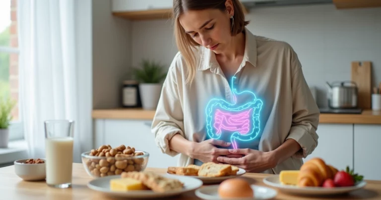 Mulher segurando o abdômen ao lado de mesa com alimentos alergênicos destacados