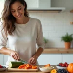 Mulher adulta prepara refeição leve para intestino irritável em cozinha iluminada