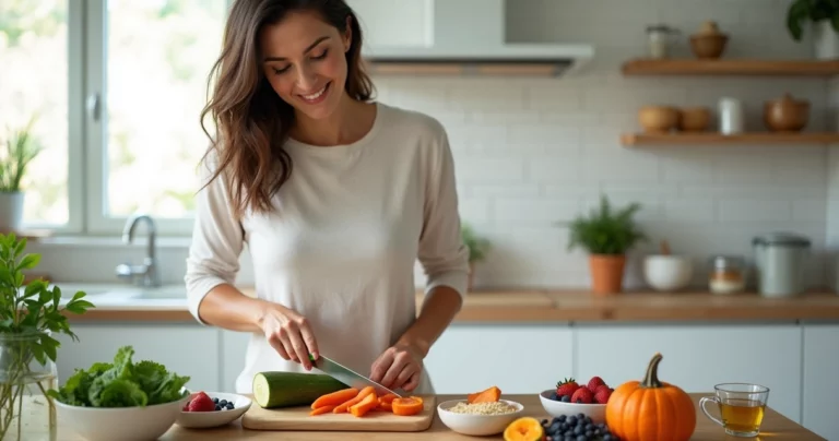 Mulher adulta prepara refeição leve para intestino irritável em cozinha iluminada