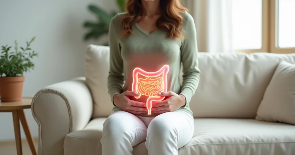 Mulher segurando ilustração do intestino saudável sobre o abdômen