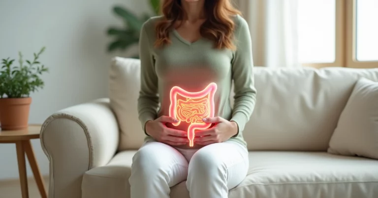 Mulher segurando ilustração do intestino saudável sobre o abdômen