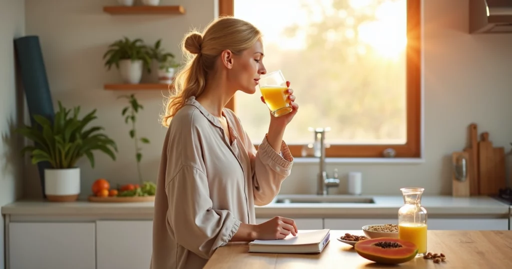 Mulher na faixa dos 50 anos tomando café da manhã saudável na cozinha iluminada