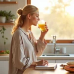 Mulher na faixa dos 50 anos tomando café da manhã saudável na cozinha iluminada