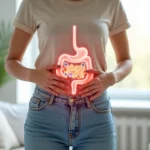 Mulher tocando o abdômen com ilustração de intestino saudável ao fundo