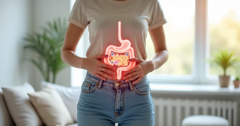 Mulher tocando o abdômen com ilustração de intestino saudável ao fundo