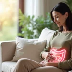 Mulher de meia-idade relaxando no sofá com destaque ilustrado do intestino saudável