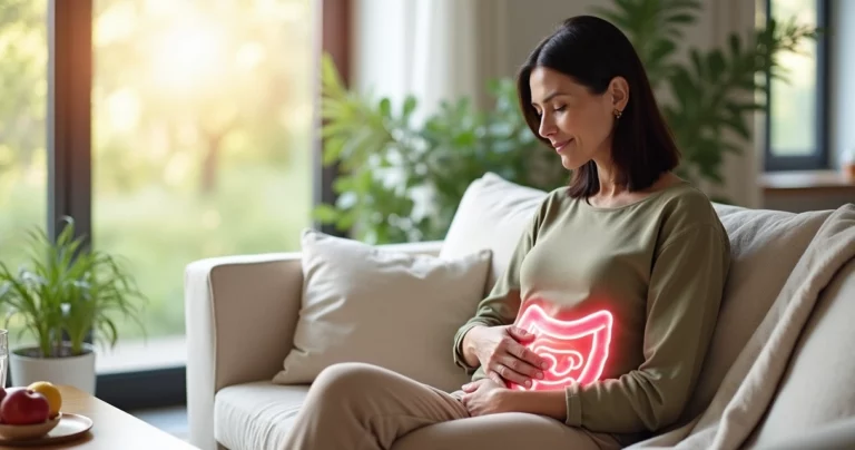 Mulher de meia-idade relaxando no sofá com destaque ilustrado do intestino saudável