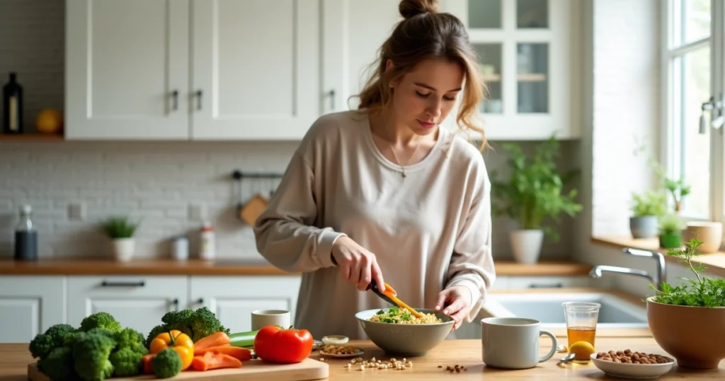 Mulher preparando refeição saudável para aliviar cólicas menstruais na cozinha
