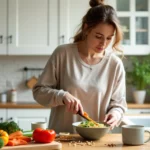 Mulher preparando refeição saudável para aliviar cólicas menstruais na cozinha