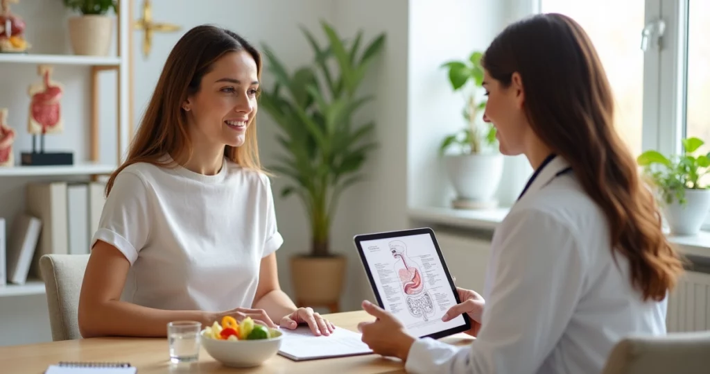 Paciente com síndrome do intestino curto em consulta nutricional analisando plano alimentar