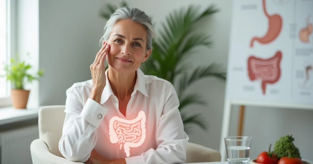 Mulher madura segurando ilustração de intestino enquanto toca a pele do rosto