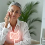 Mulher madura segurando ilustração de intestino enquanto toca a pele do rosto