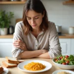 Mulher olhando pensativa para prato com alimentos com e sem glúten sobre a mesa