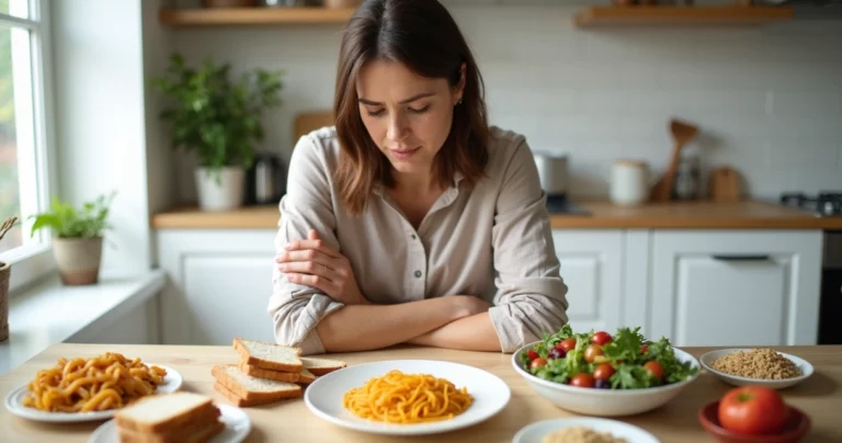 Mulher olhando pensativa para prato com alimentos com e sem glúten sobre a mesa