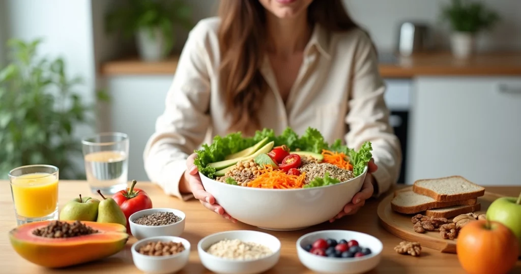 Mulher segurando tigela com alimentos ricos em fibras sobre a mesa