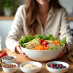 Mulher segurando tigela com alimentos ricos em fibras sobre a mesa